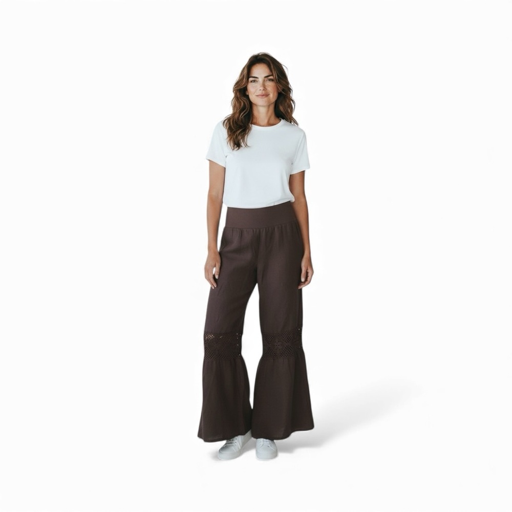 Yogi Brown high waisted Wide Leg crochet inlay 100% linen Pants size medium